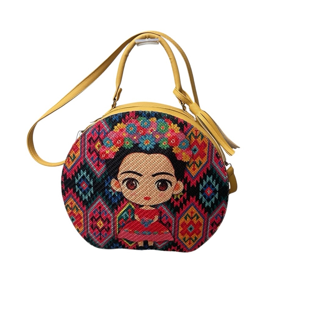 Frida Kahlo Artesanal Mexican Woven Yellow Zip Large Round Backpack